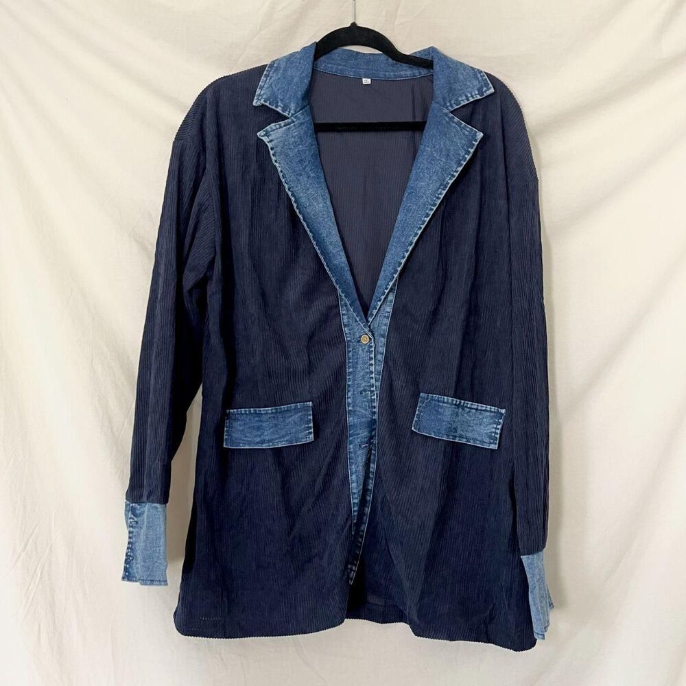 Navy & Blue Denim Corduroy Look Shacket Button Up Shirt 2XL